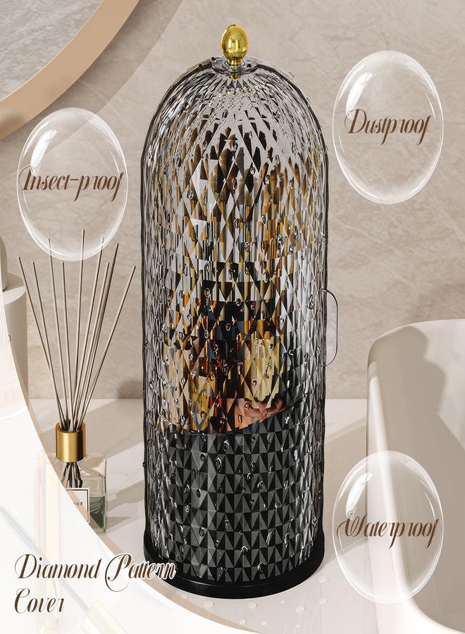 WREWING Diamond Pattern Birdcage Makeup Brush Holder with Cover, 360° Rotating Dust-Proof Organizer with Handle, Large Capacity Cosmetic & Toothbrush Storage for Vanity, Bathroom Countertop (Black) - Image 5